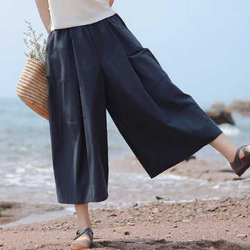 Casual Plain Cotton High Waist Women's Wide Leg Capri Cropped Pants With Pockets