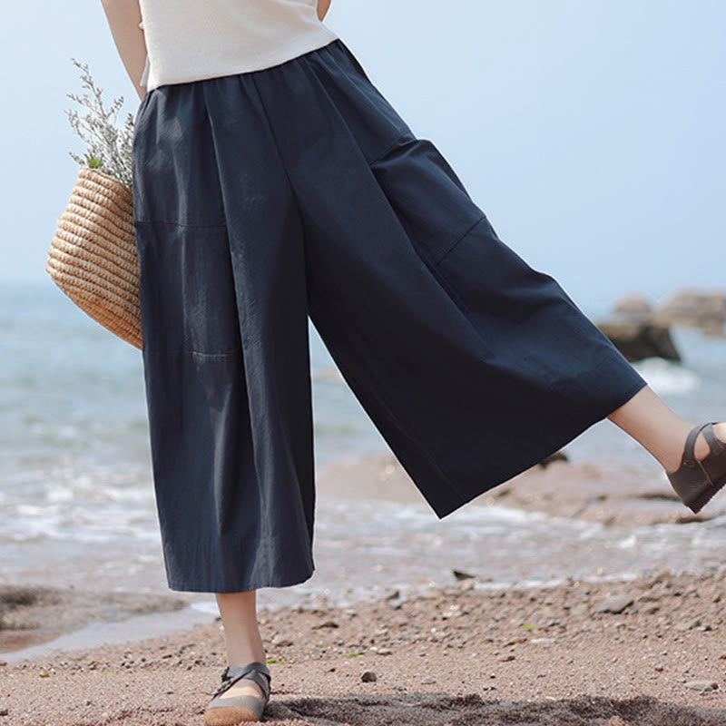 Casual Plain Cotton High Waist Women's Wide Leg Capri Cropped Pants With Pockets