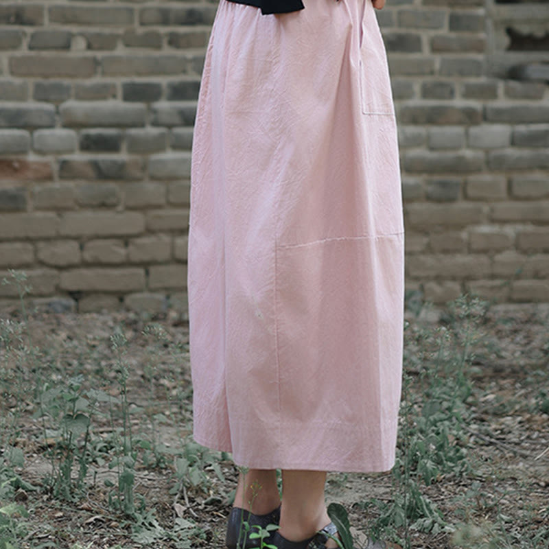 Casual Plain Cotton High Waist Women's Wide Leg Capri Cropped Pants With Pockets