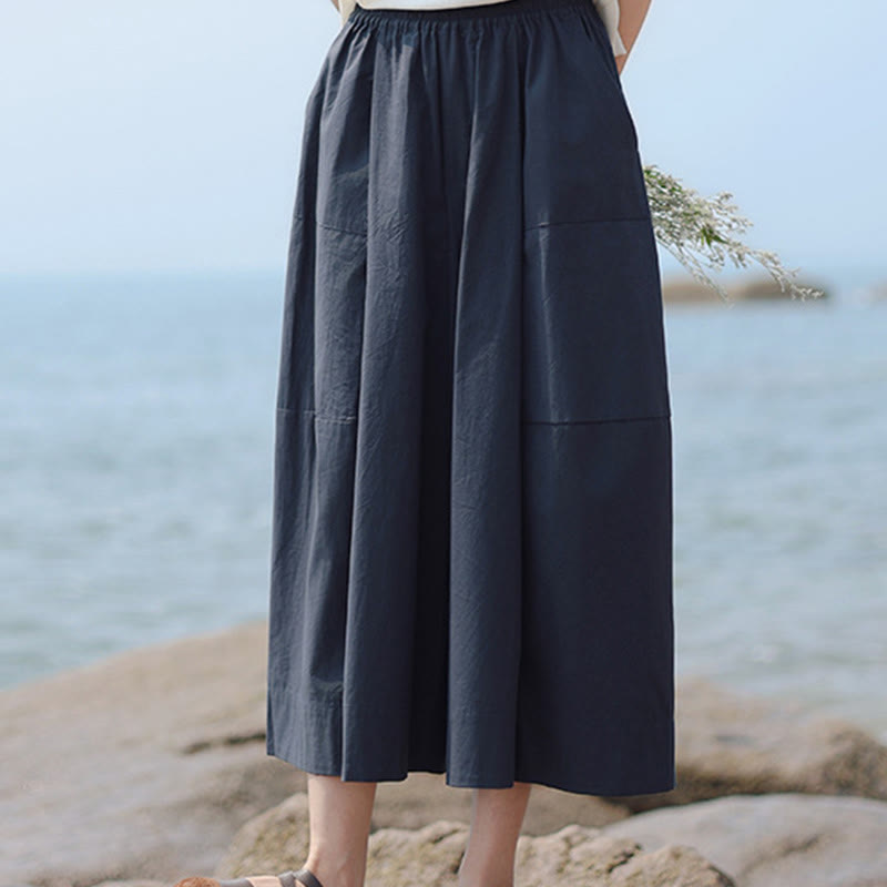 Casual Plain Cotton High Waist Women's Wide Leg Capri Cropped Pants With Pockets