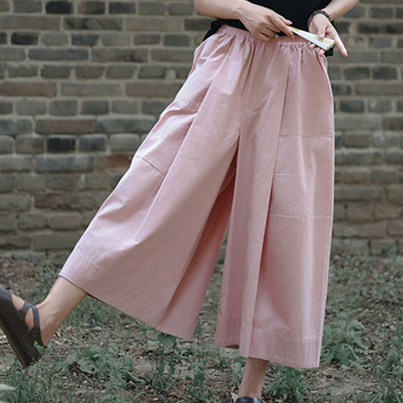 Casual Plain Cotton High Waist Women's Wide Leg Capri Cropped Pants With Pockets