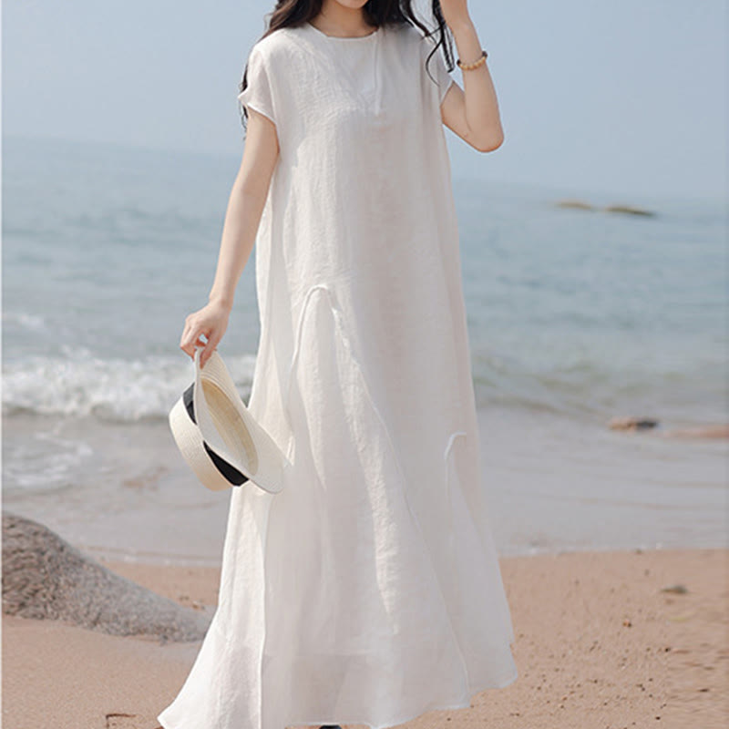 Plain Irregular Hem Short Sleeve Cotton Linen Maxi Dress