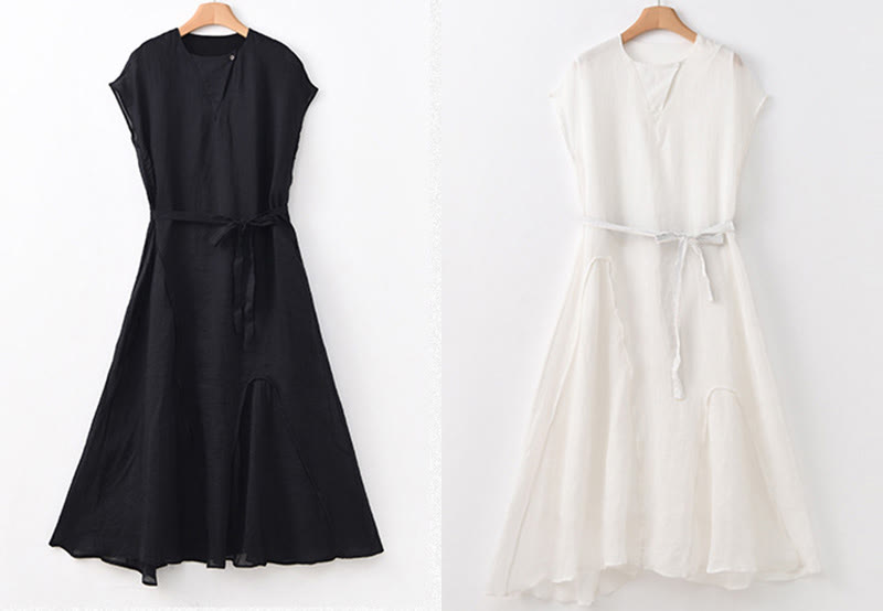 Plain Irregular Hem Short Sleeve Cotton Linen Maxi Dress