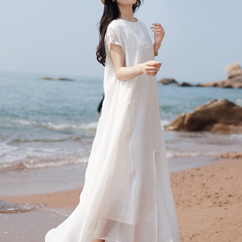 Plain Irregular Hem Short Sleeve Cotton Linen Maxi Dress