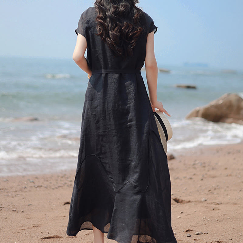 Plain Irregular Hem Short Sleeve Cotton Linen Maxi Dress