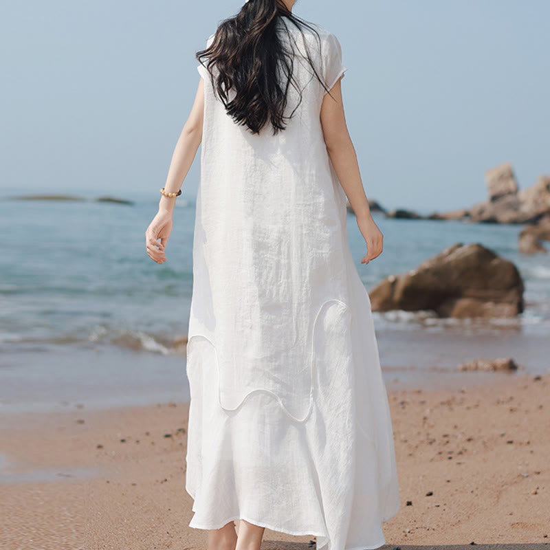 Plain Irregular Hem Short Sleeve Cotton Linen Maxi Dress