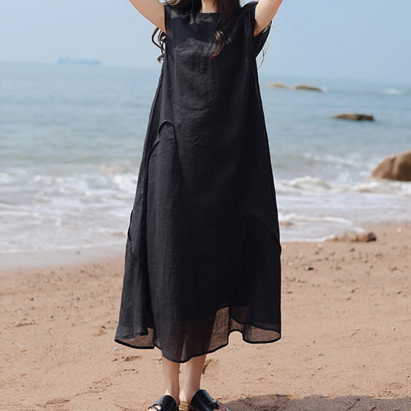 Plain Irregular Hem Short Sleeve Cotton Linen Maxi Dress