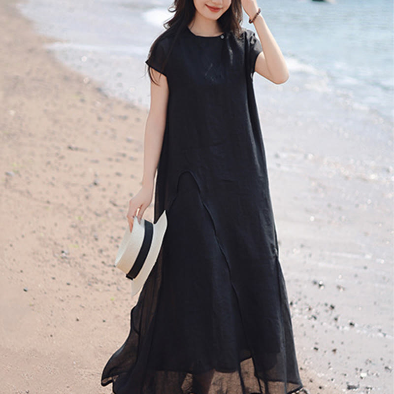 Plain Irregular Hem Short Sleeve Cotton Linen Maxi Dress