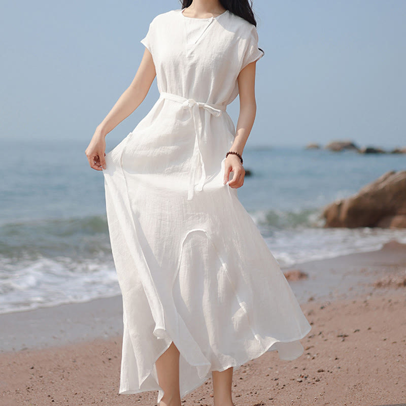 Plain Irregular Hem Short Sleeve Cotton Linen Maxi Dress
