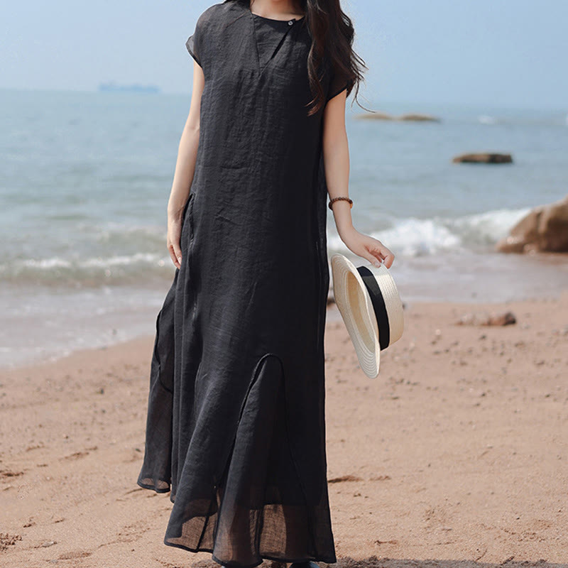 Plain Irregular Hem Short Sleeve Cotton Linen Maxi Dress