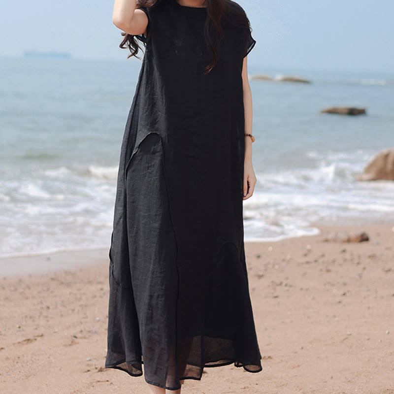 Plain Irregular Hem Short Sleeve Cotton Linen Maxi Dress
