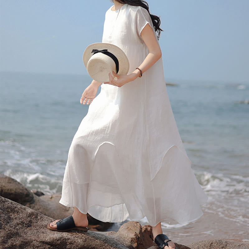 Plain Irregular Hem Short Sleeve Cotton Linen Maxi Dress