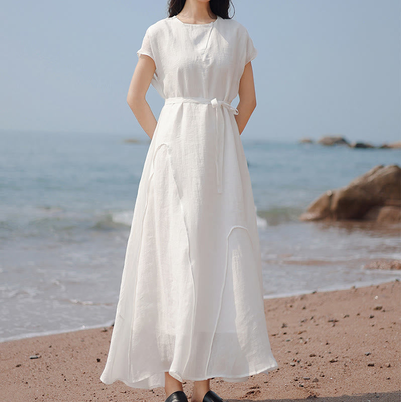 Plain Irregular Hem Short Sleeve Cotton Linen Maxi Dress