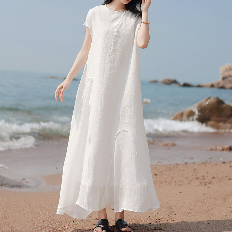 Plain Irregular Hem Short Sleeve Cotton Linen Maxi Dress