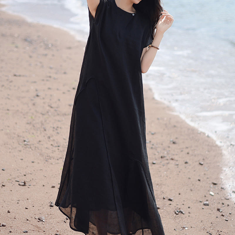 Plain Irregular Hem Short Sleeve Cotton Linen Maxi Dress