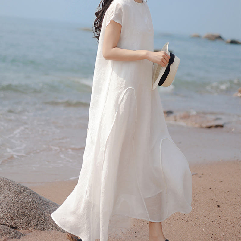 Plain Irregular Hem Short Sleeve Cotton Linen Maxi Dress