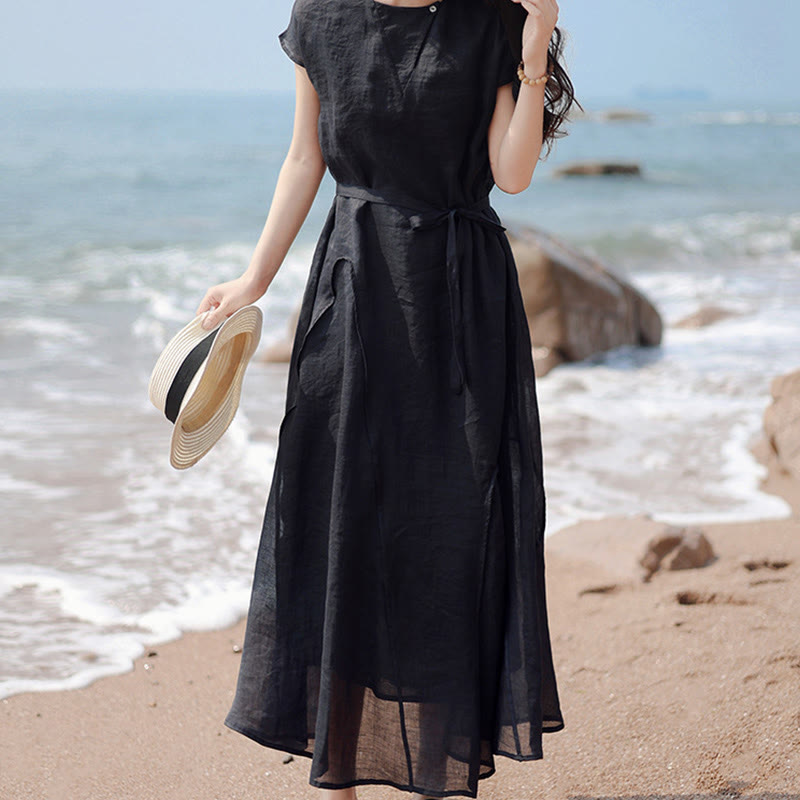 Plain Irregular Hem Short Sleeve Cotton Linen Maxi Dress