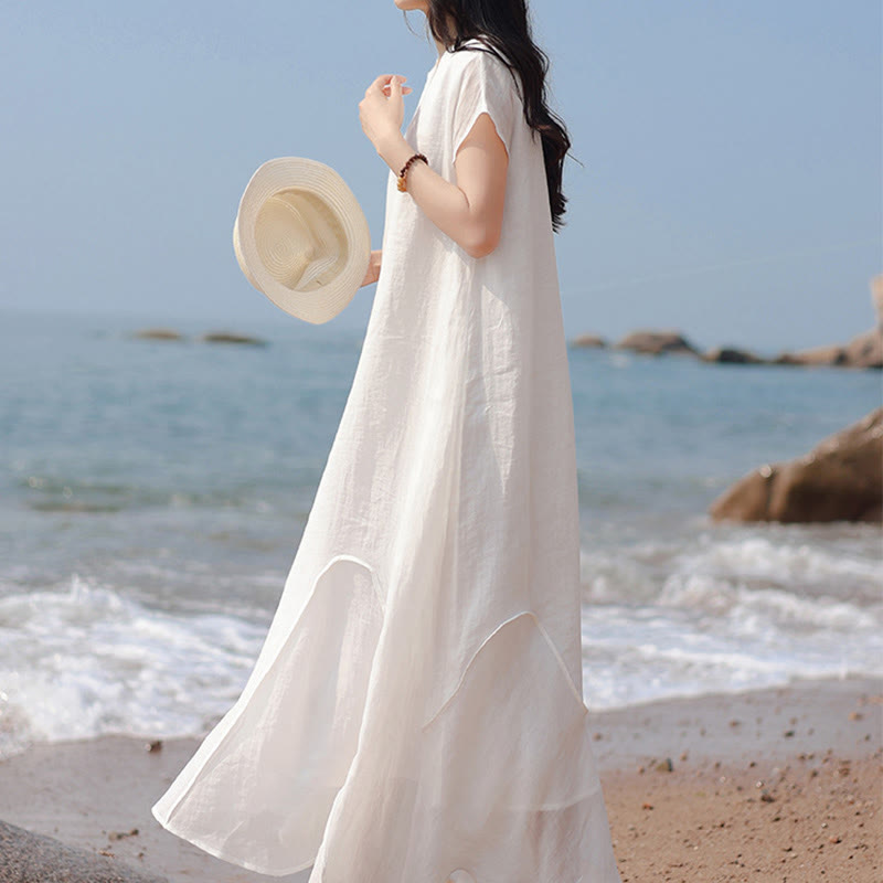 Plain Irregular Hem Short Sleeve Cotton Linen Maxi Dress