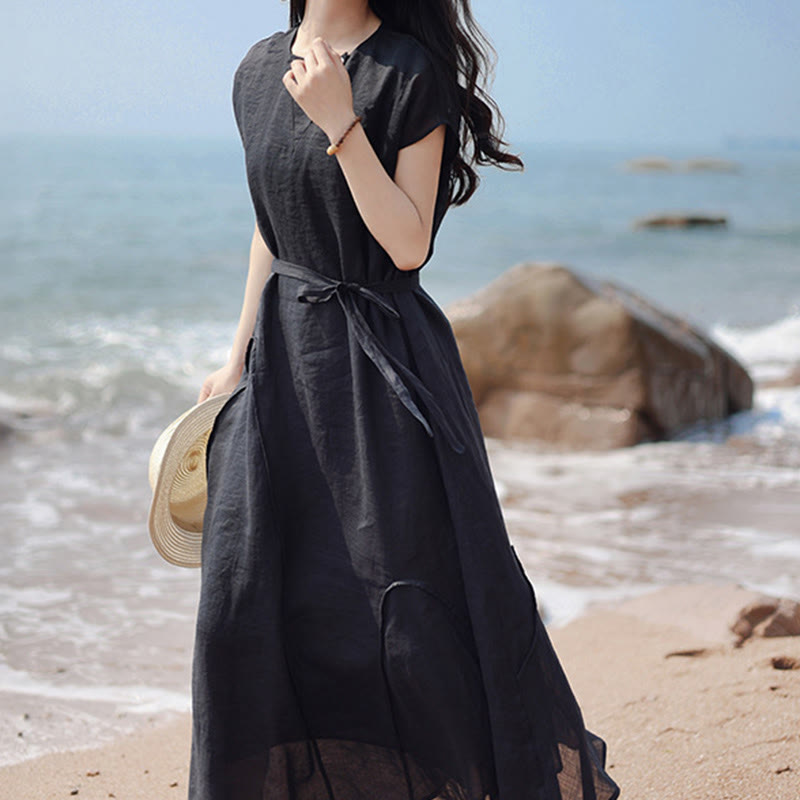 Plain Irregular Hem Short Sleeve Cotton Linen Maxi Dress