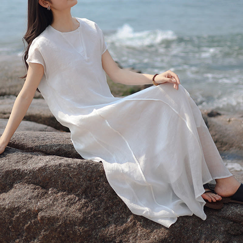 Plain Irregular Hem Short Sleeve Cotton Linen Maxi Dress