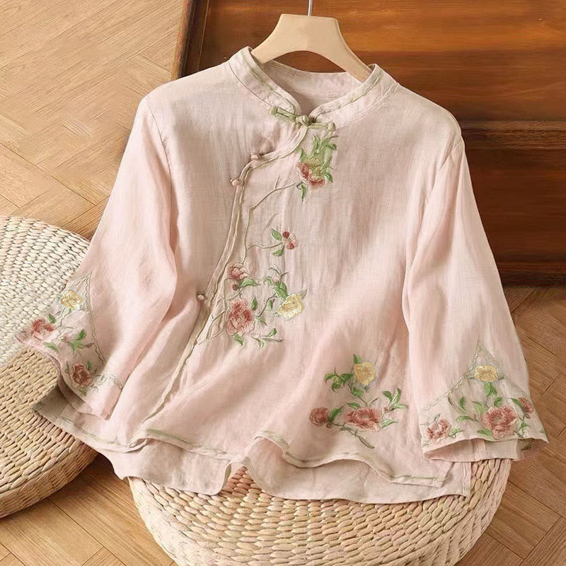 Embroidered Cotton Linen Frog Button Mindful Shirt