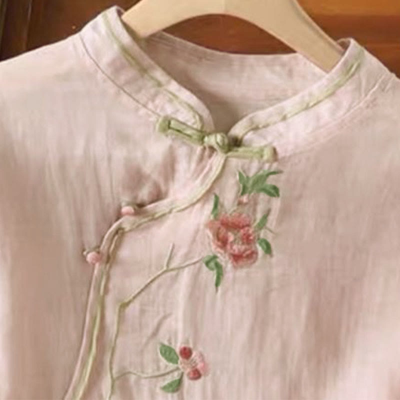 Embroidered Cotton Linen Frog Button Mindful Shirt