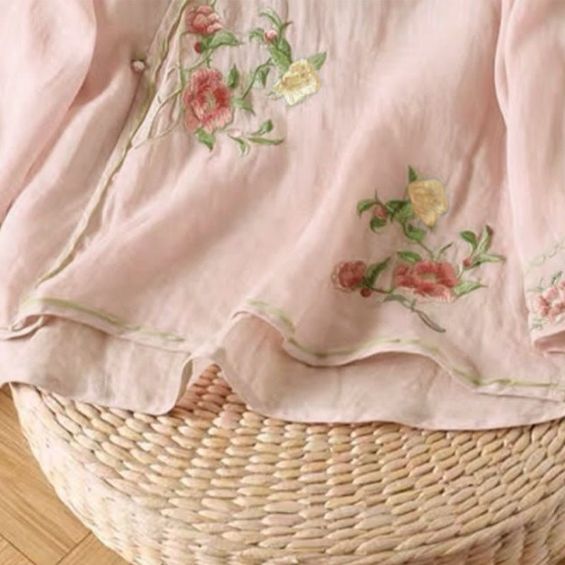 Embroidered Cotton Linen Frog Button Mindful Shirt