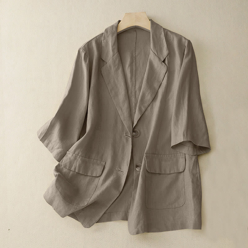 Women's Three Quarter Sleeve Button Cotton Small Suit Jacket With Pockets