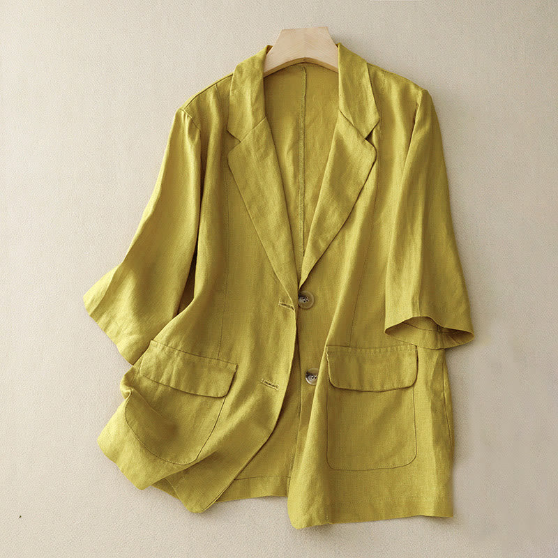 Women's Three Quarter Sleeve Button Cotton Small Suit Jacket With Pockets