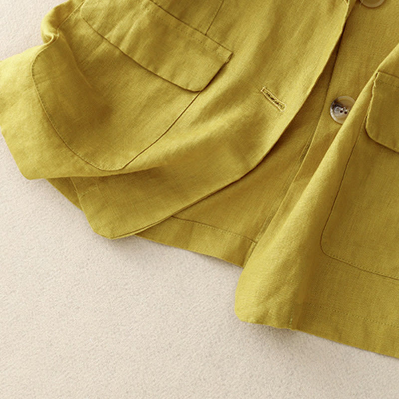 Women's Three Quarter Sleeve Button Cotton Small Suit Jacket With Pockets