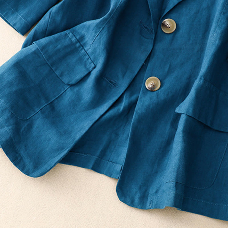 Women's Three Quarter Sleeve Button Cotton Small Suit Jacket With Pockets