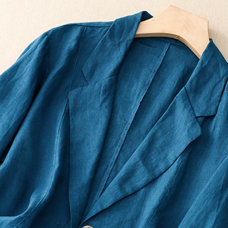 Women's Three Quarter Sleeve Button Cotton Small Suit Jacket With Pockets