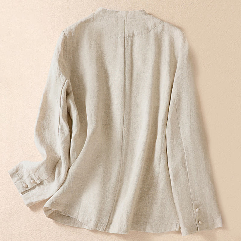 Women's Cotton Linen Stand Collar Long Sleeve Jacket With Pockets