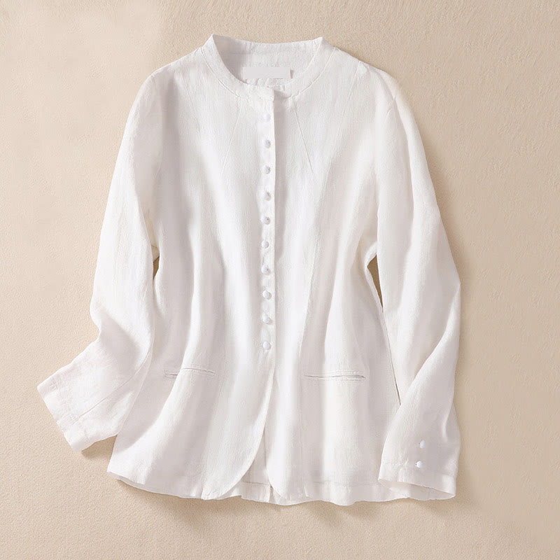 Women's Cotton Linen Stand Collar Long Sleeve Jacket With Pockets