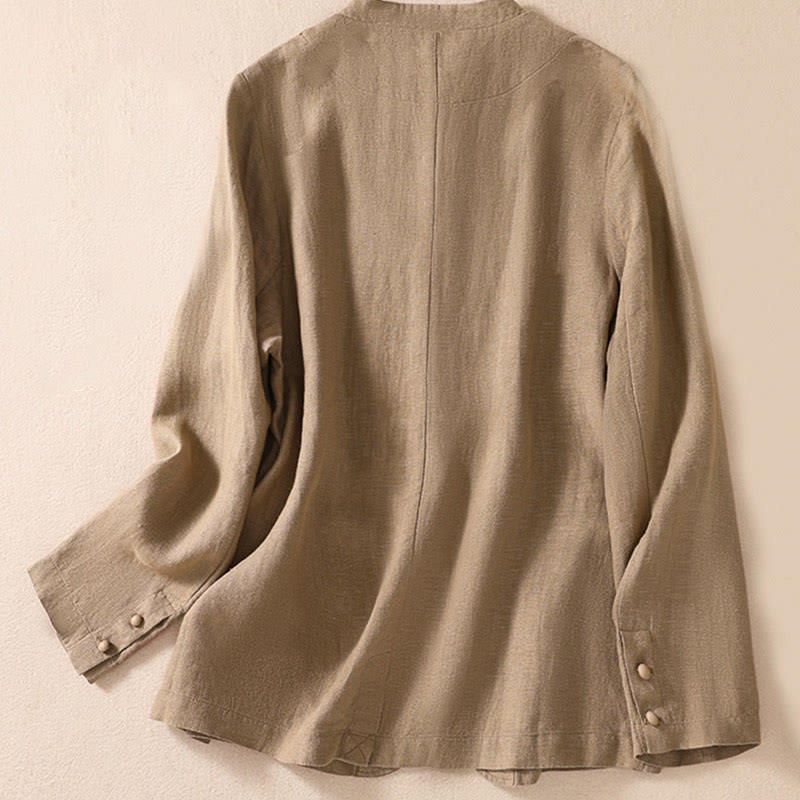 Women's Cotton Linen Stand Collar Long Sleeve Jacket With Pockets