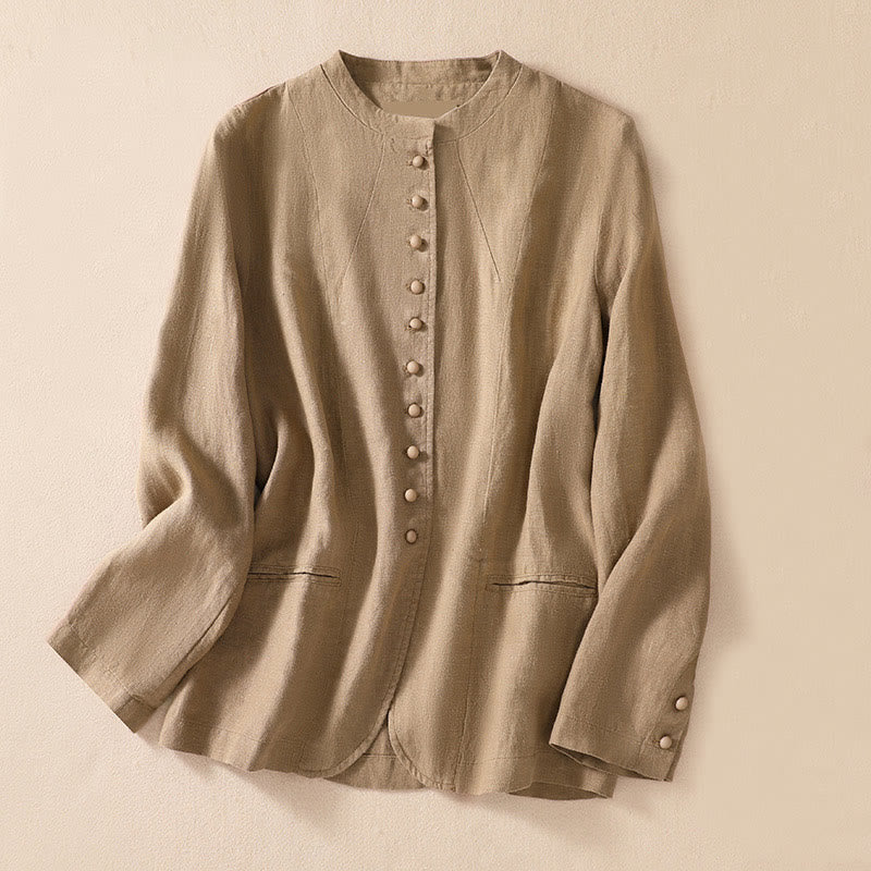 Women's Cotton Linen Stand Collar Long Sleeve Jacket With Pockets
