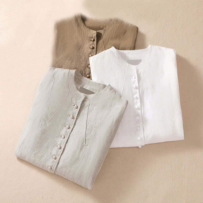 Women's Cotton Linen Stand Collar Long Sleeve Jacket With Pockets