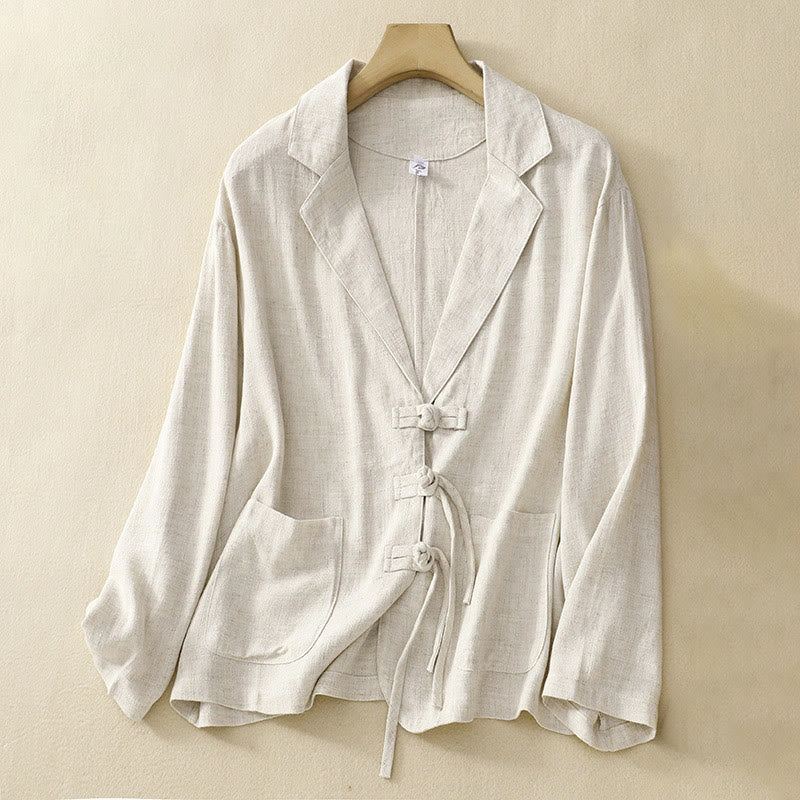 Women's Cotton Linen Frog-Button Long Sleeve Jacket With Pockets