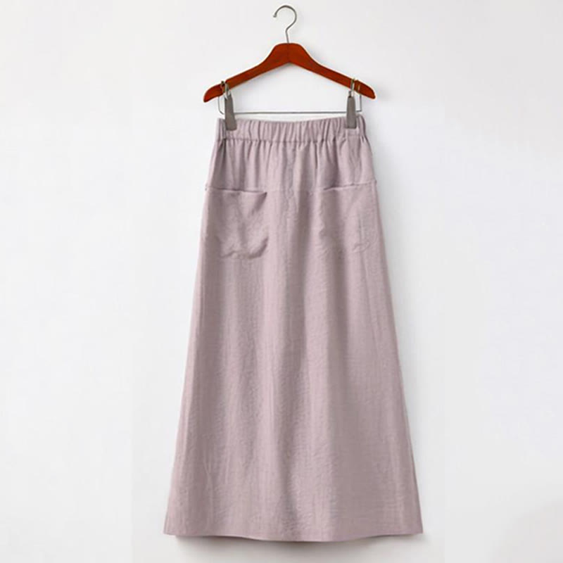 2Pcs Buttons Short Sleeve Shirt Top Skirt With Pockets Meditation Cotton Women's Set