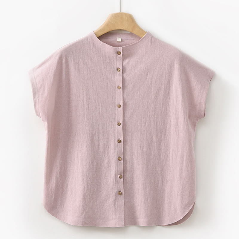 2Pcs Buttons Short Sleeve Shirt Top Skirt With Pockets Meditation Cotton Women's Set