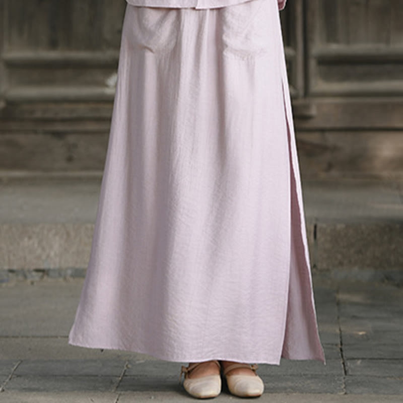 2Pcs Buttons Short Sleeve Shirt Top Skirt With Pockets Meditation Cotton Women's Set