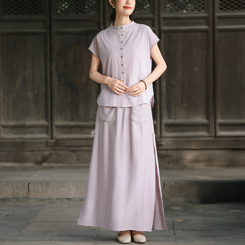 2Pcs Buttons Short Sleeve Shirt Top Skirt With Pockets Meditation Cotton Women's Set