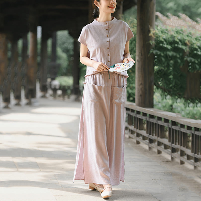 2Pcs Buttons Short Sleeve Shirt Top Skirt With Pockets Meditation Cotton Women's Set