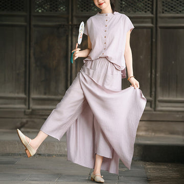 2Pcs Buttons Short Sleeve Shirt Top Skirt With Pockets Meditation Cotton Women's Set