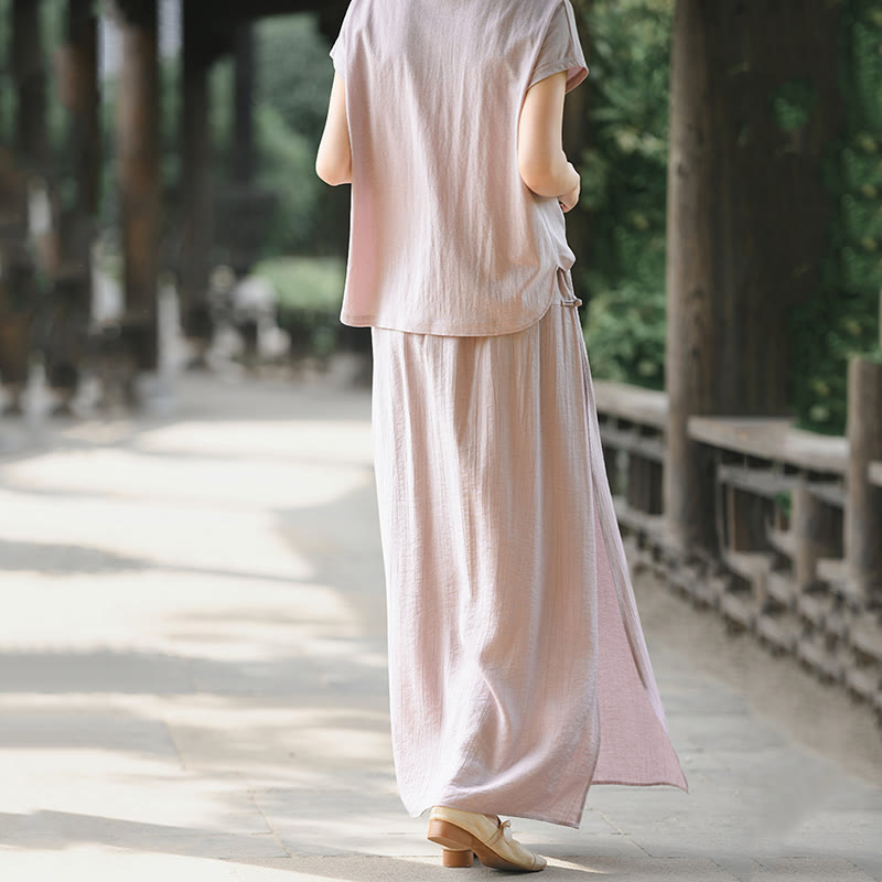 2Pcs Buttons Short Sleeve Shirt Top Skirt With Pockets Meditation Cotton Women's Set