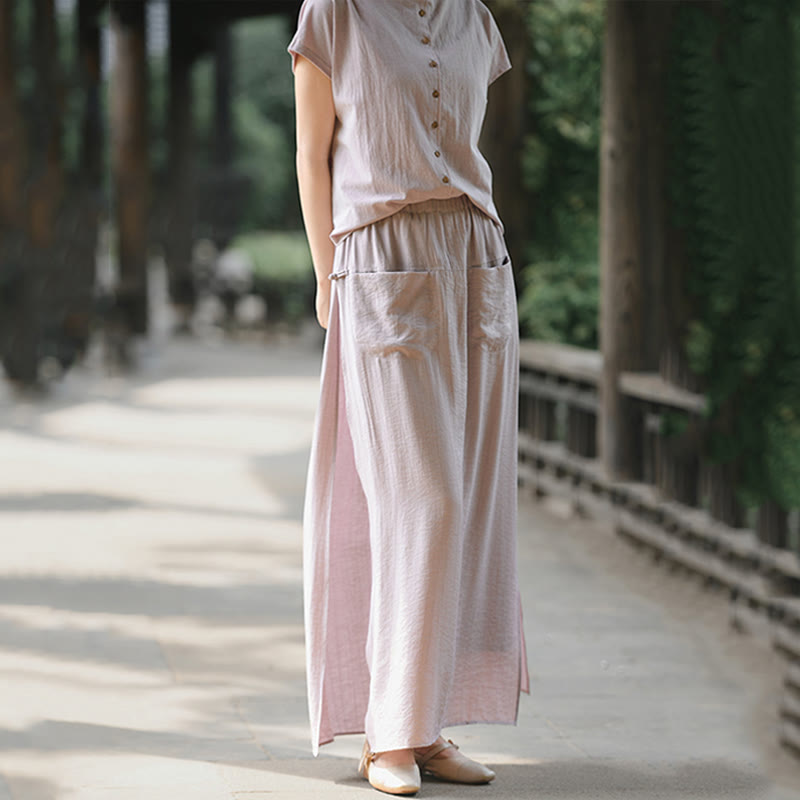 2Pcs Buttons Short Sleeve Shirt Top Skirt With Pockets Meditation Cotton Women's Set