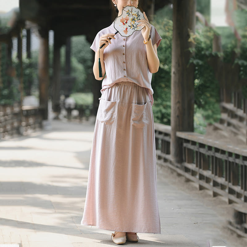 2Pcs Buttons Short Sleeve Shirt Top Skirt With Pockets Meditation Cotton Women's Set