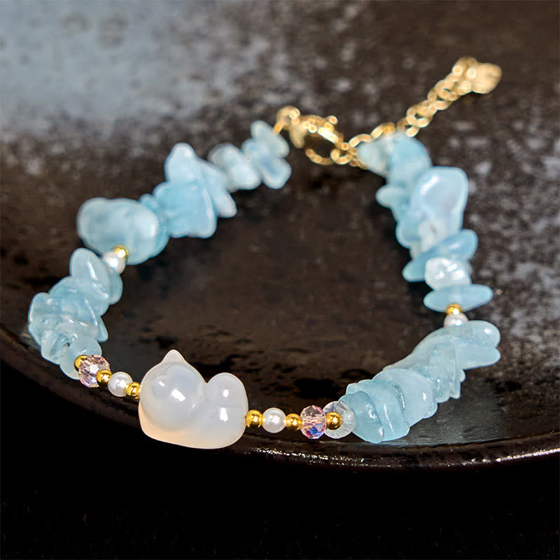 Handcrafted Irregular Aquamarine & Citrine Beaded Cat Charm Bracelet