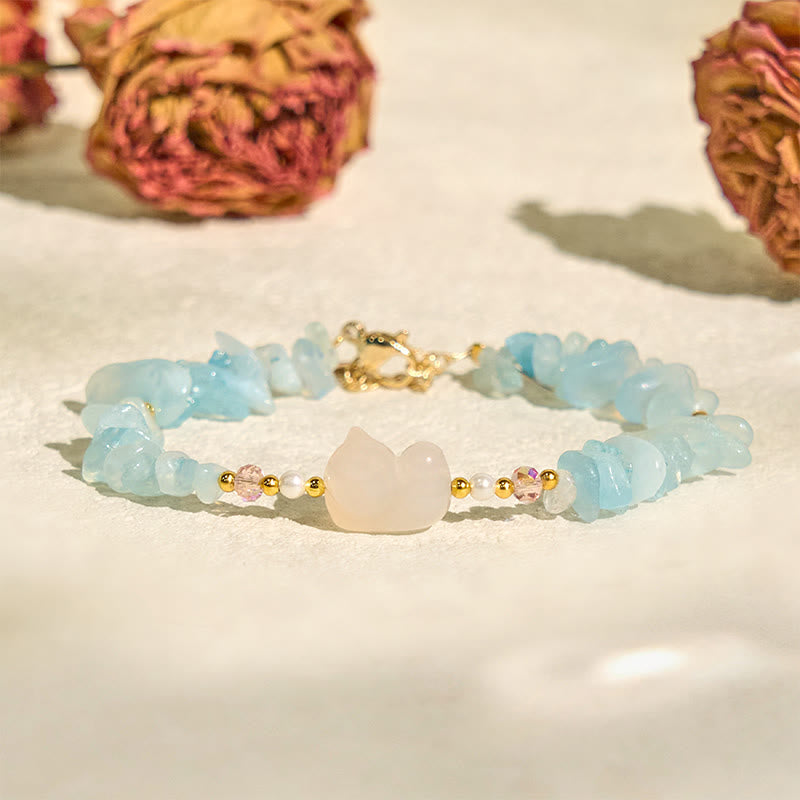 Handcrafted Irregular Aquamarine & Citrine Beaded Cat Charm Bracelet