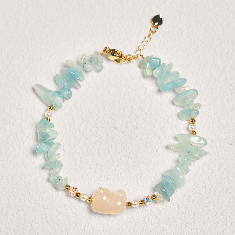 Handcrafted Irregular Aquamarine & Citrine Beaded Cat Charm Bracelet